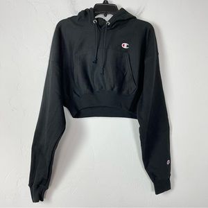 Champion Hoodie Reverse‎ Weave Solid Black Cropped Fleece Drop Shoulder Knit Top